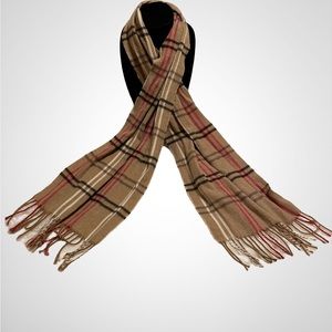 Cashmere scarf beige with red, black and cream stripes